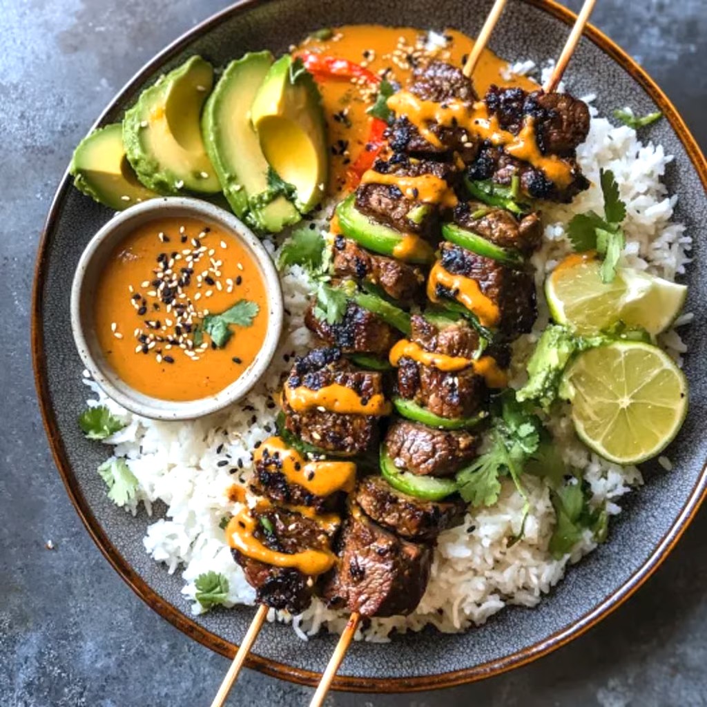 Sesame Ginger Steak Skewers with Homemade Peanut Sauce – Recipe By Me