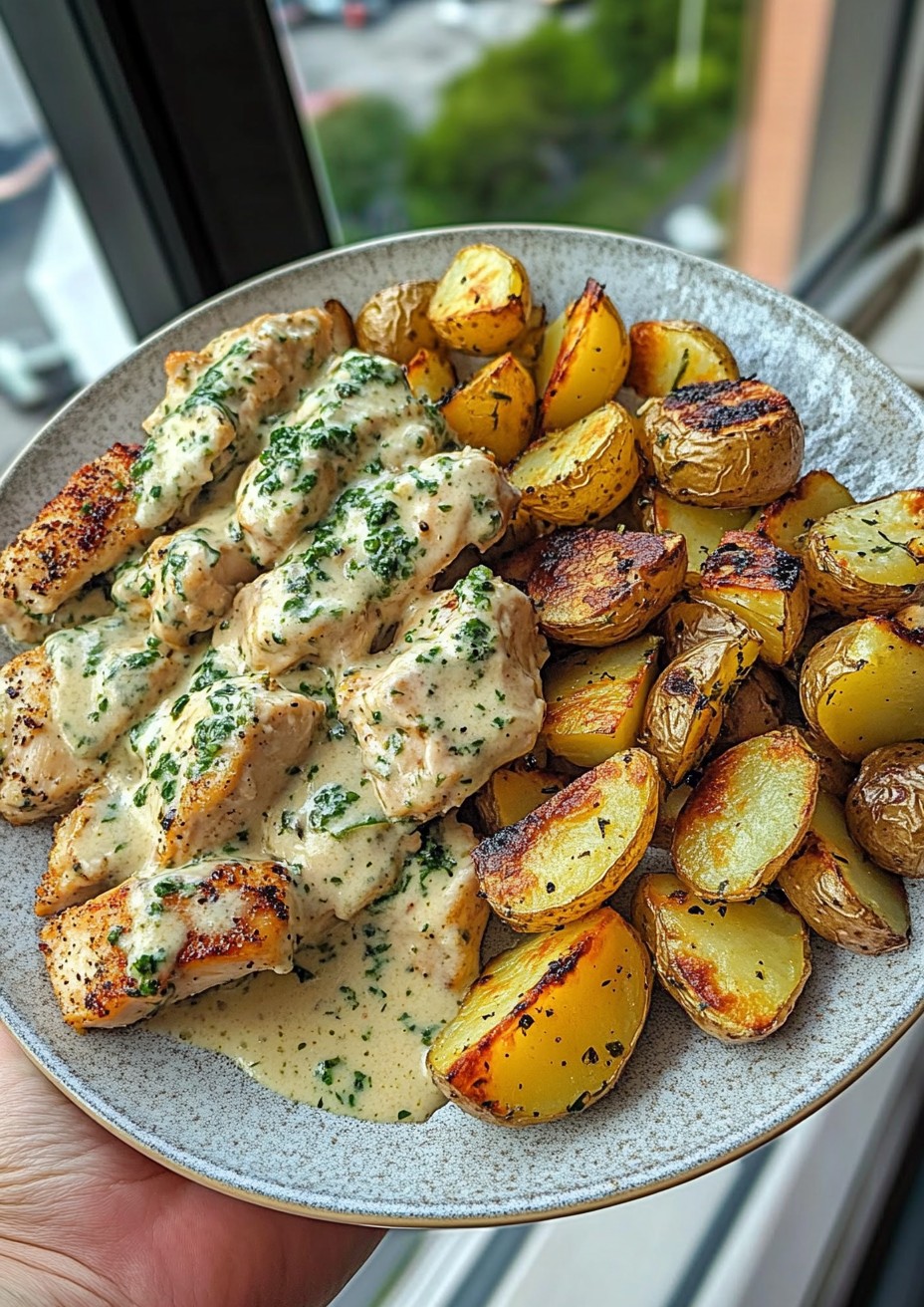 Creamy Garlic Mushroom Alfredo Chicken & Potatoes with Basil Pesto