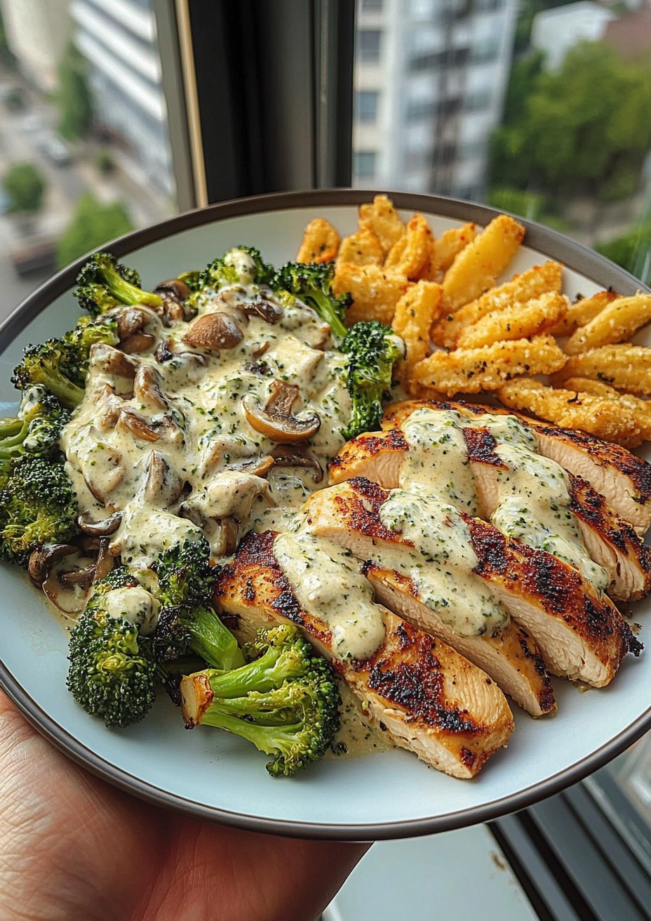 Spinach-Artichoke Greek Chicken Alfredo & Crispy Parmesan Broccoli with Mushroom Basil Cream and Herb Cheesy Fries