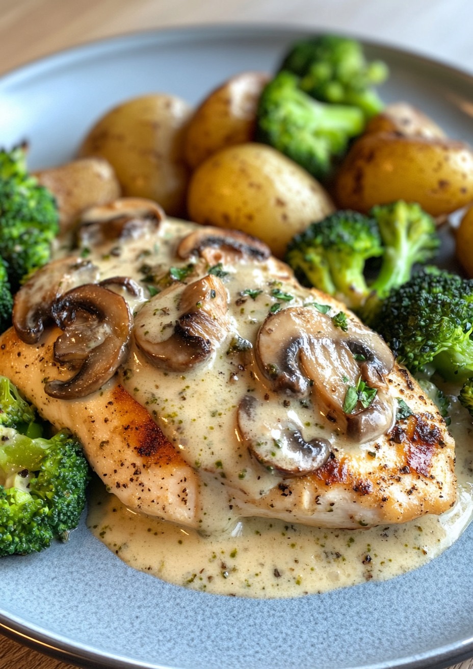 Creamy Mushroom Alfredo Chicken with Garlic Potatoes & Broccoli-Parmesan Crust