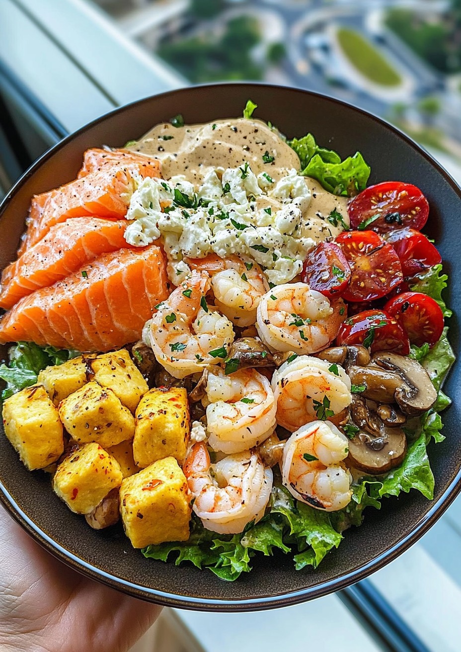 Warm Crab & Shrimp and Salmon Salad with Sweet & Tangy Fig-Balsamic Mushroom Alfredo Cream Sauce.