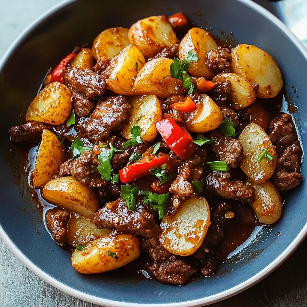 Crispy Potatoes and Saucy Beef with Bell Pepper.
