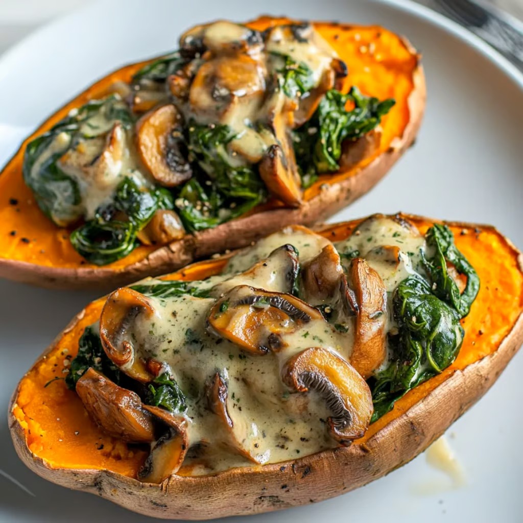 Creamy Mushroom and Spinach Stuffed Sweet Potatoes.