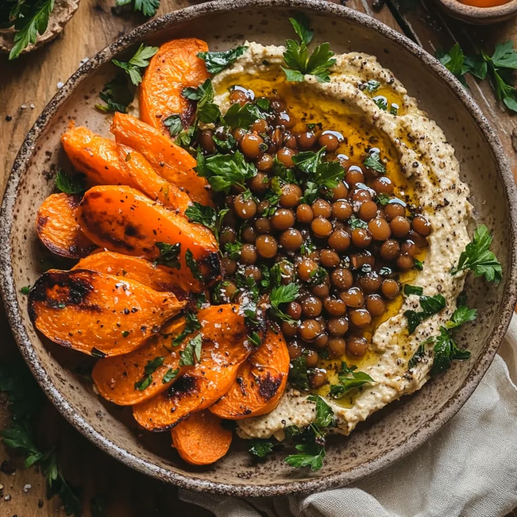 Warm Roasted Carrots and Lentil Salad with Creamy Hummus