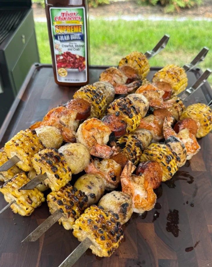 Grilled Seafood Boil Skewers with Crab Boil Garlic Butter