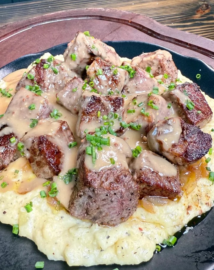 Steak Bites with Mashed Potatoes and Gravy.