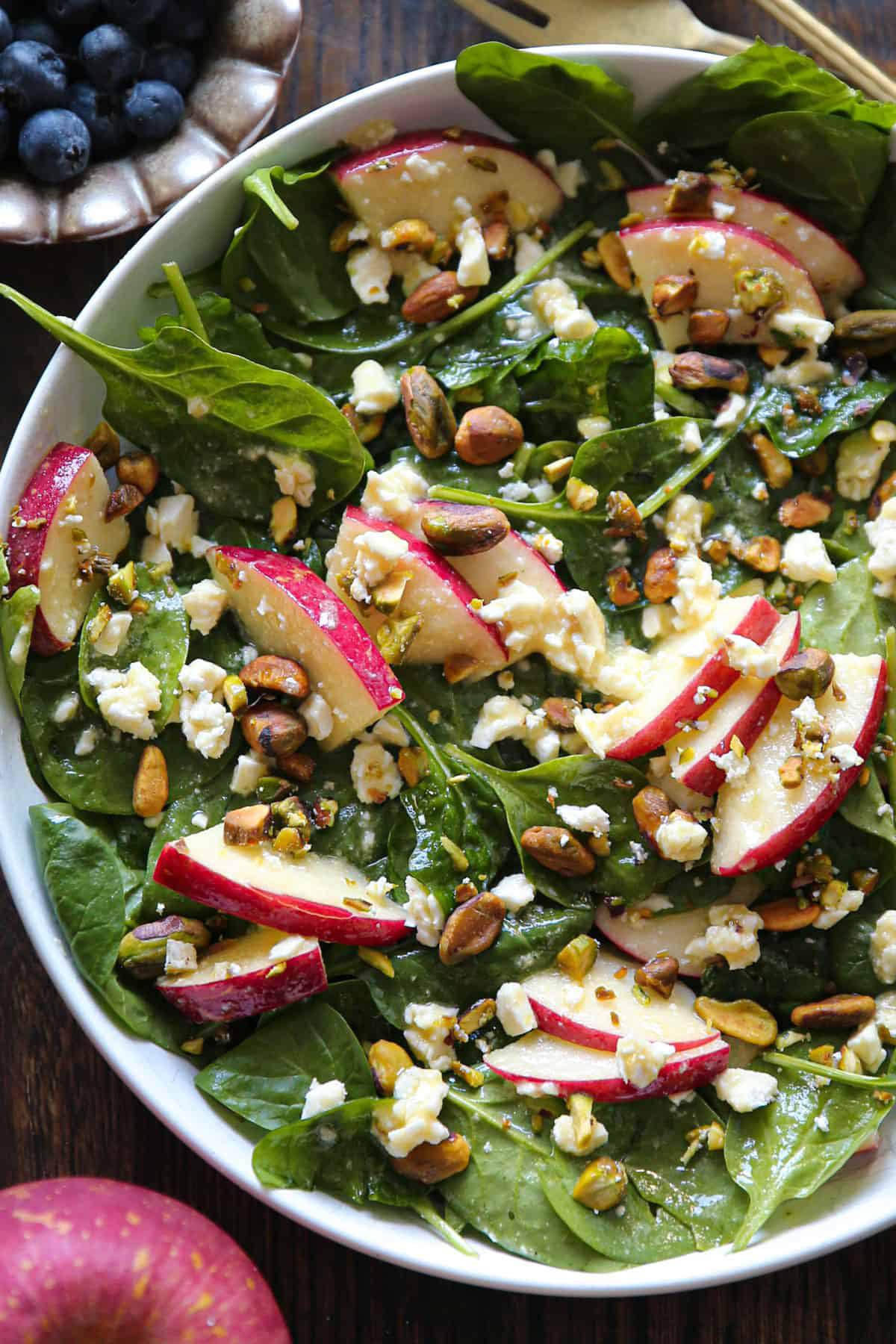 Apple Spinach Salad with Feta, Pistachios, and Honey-Mustard Lemon Dressing