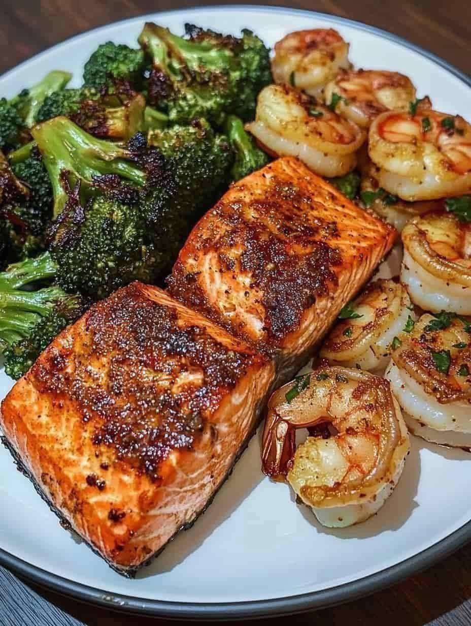 Cajun Salmon & Garlic Butter Shrimp with Roasted Broccoli 