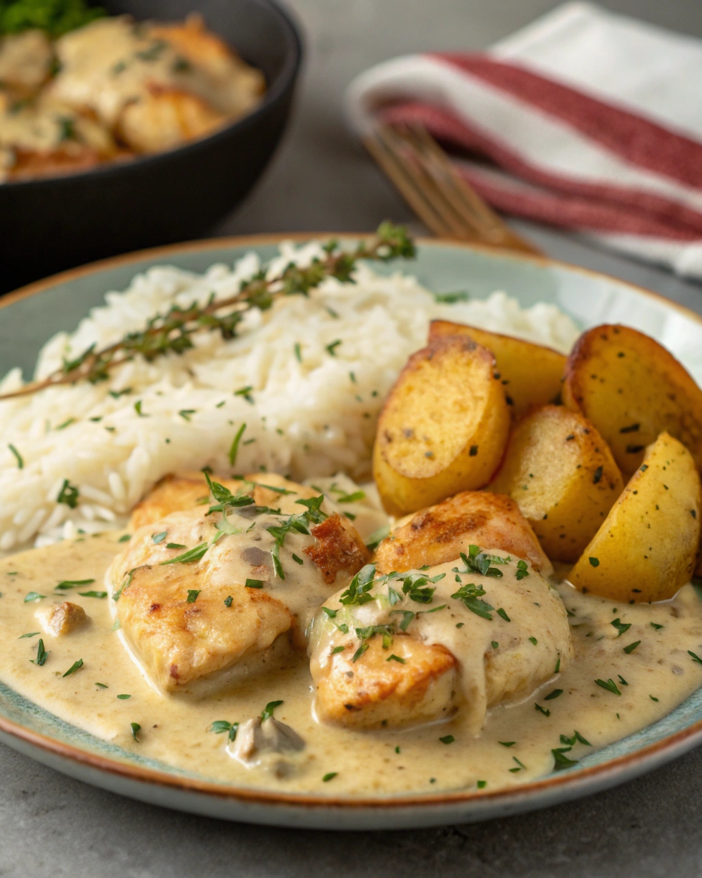 Creamy Garlic Chicken with Herbed Potatoes & Fluffy Rice