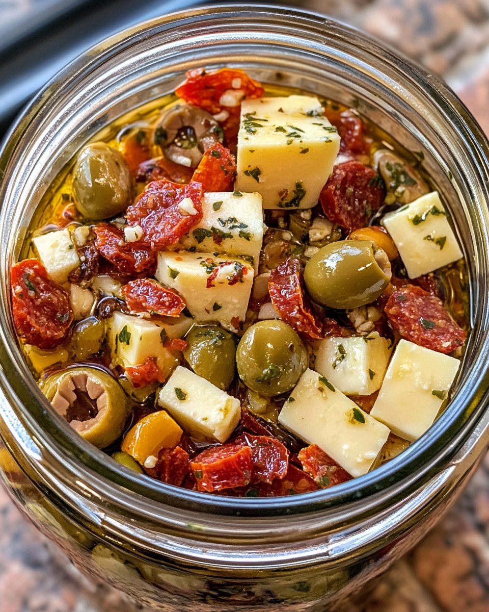 Easy Marinated Cheese Appetizer with Pepperoni and Pickles