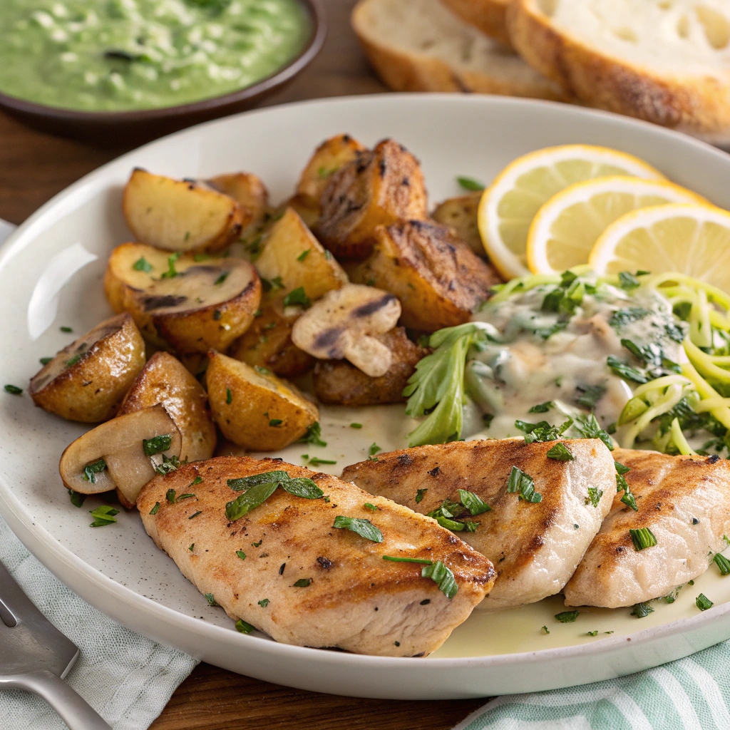 Greek Garlic Chicken & Crispy Potatoes with Lemon-Ricotta Mushroom Pesto Alfredo