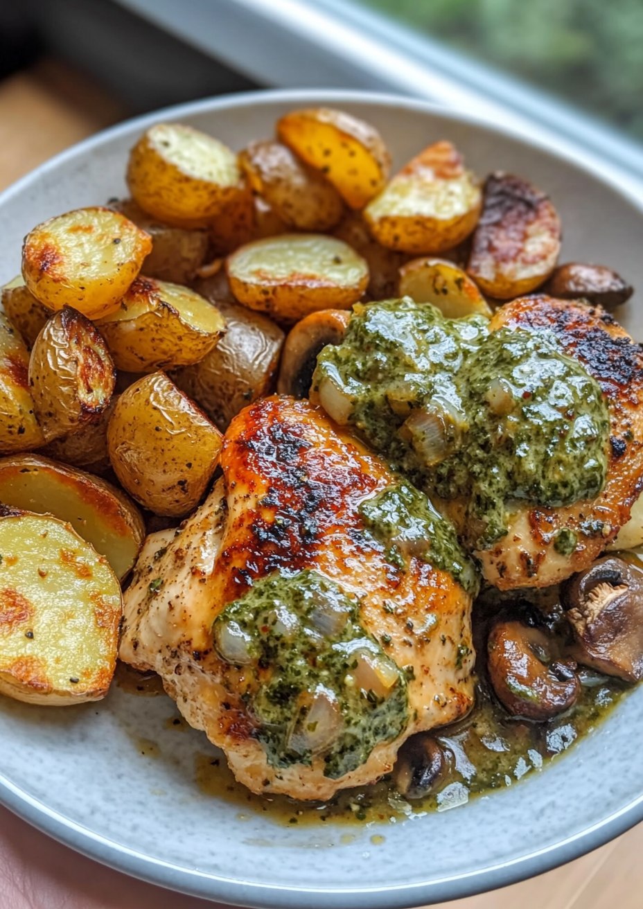Hot Honey Garlic Chicken & Roasted Potatoes with Caramelized Shallot Mushroom Pesto Cream