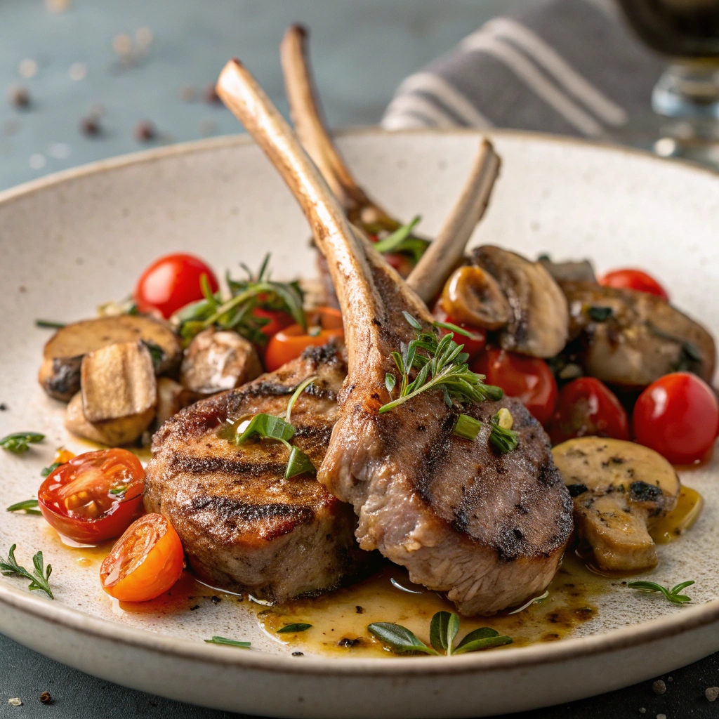 Marinated Greek Lamb Chops with Mushrooms and Tomatoes