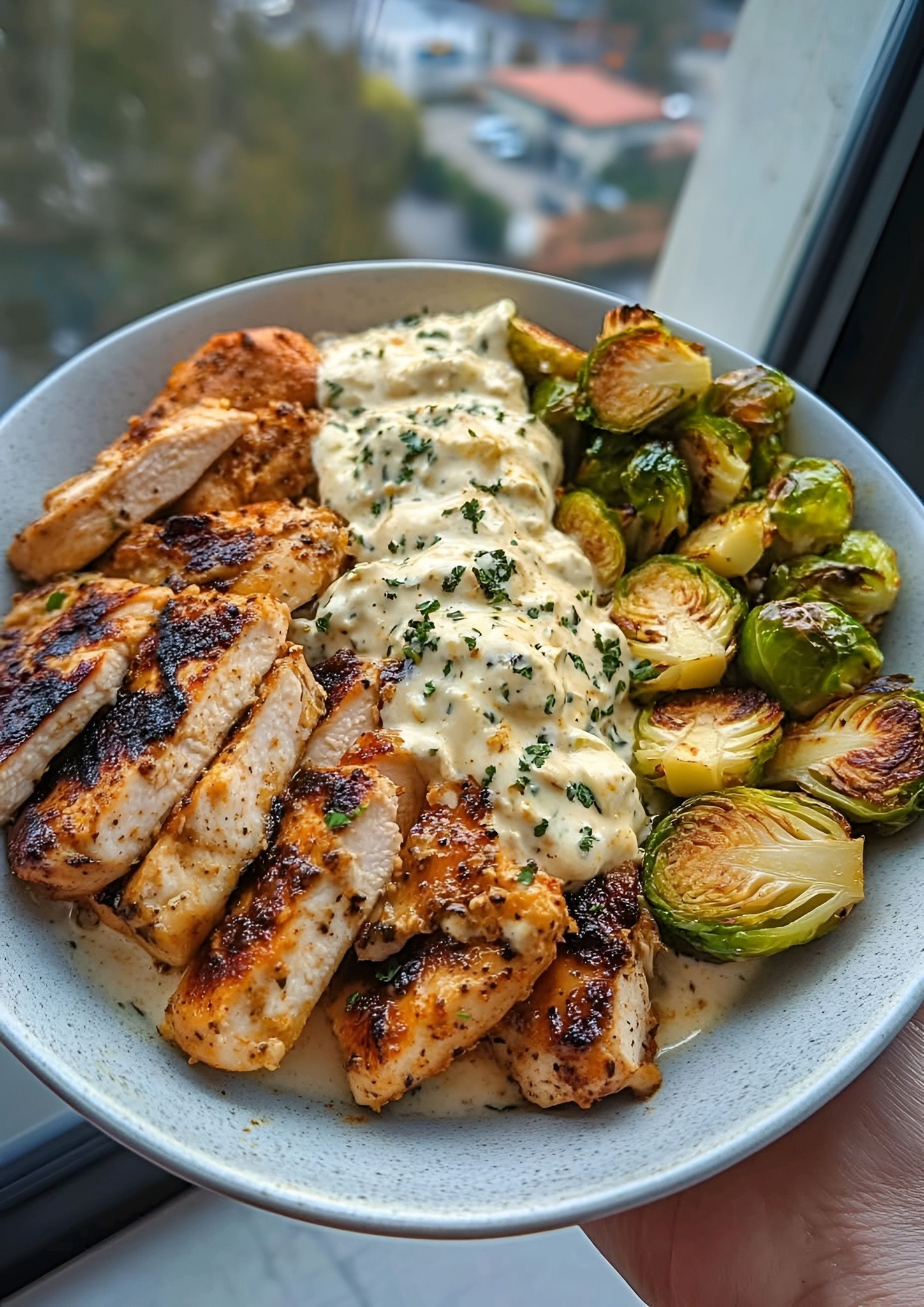 Spicy Greek Chicken Alfredo Bowl with Hot Honey Whipped Feta & Crispy Garlic Brussels Sprouts