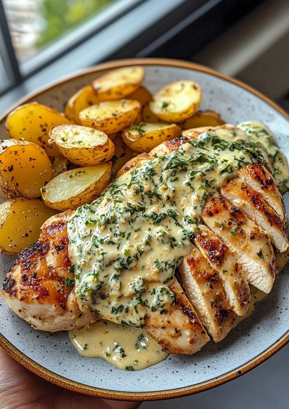 Triple-Cheese Garlic Chicken Alfredo with Crispy Parmesan Potatoes & Spinach-Basil Pesto Swirl