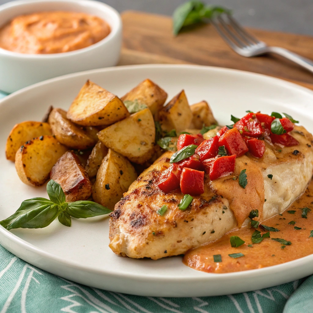 Tuscan Garlic Chicken with Crispy Potatoes & Creamy Roasted Red Pepper Pesto Alfredo