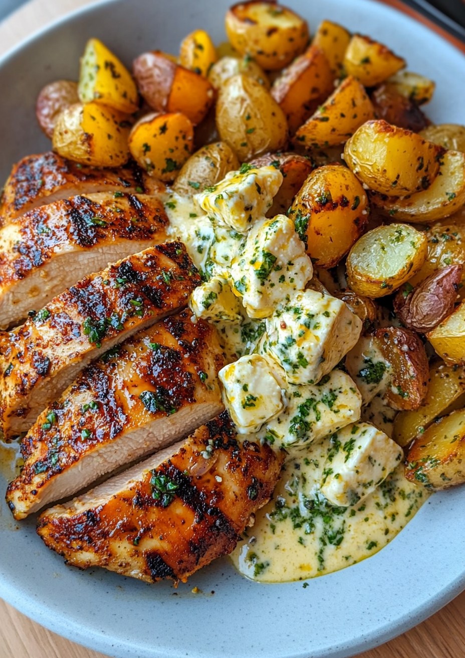 Spicy Greek Chicken Alfredo Bowl with Jalapeño Feta Pesto & Garlic Herb Potatoes