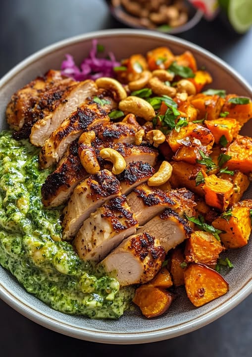 Coconut Garlic Chicken Alfredo with Roasted Sweet Potatoes & Spicy Basil Pesto Cream