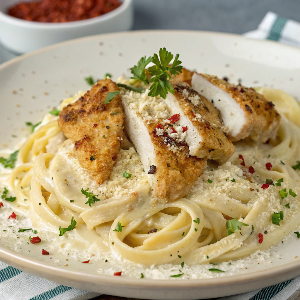 Creamy Garlic Butter Chicken & Linguine in Alfredo Sauce