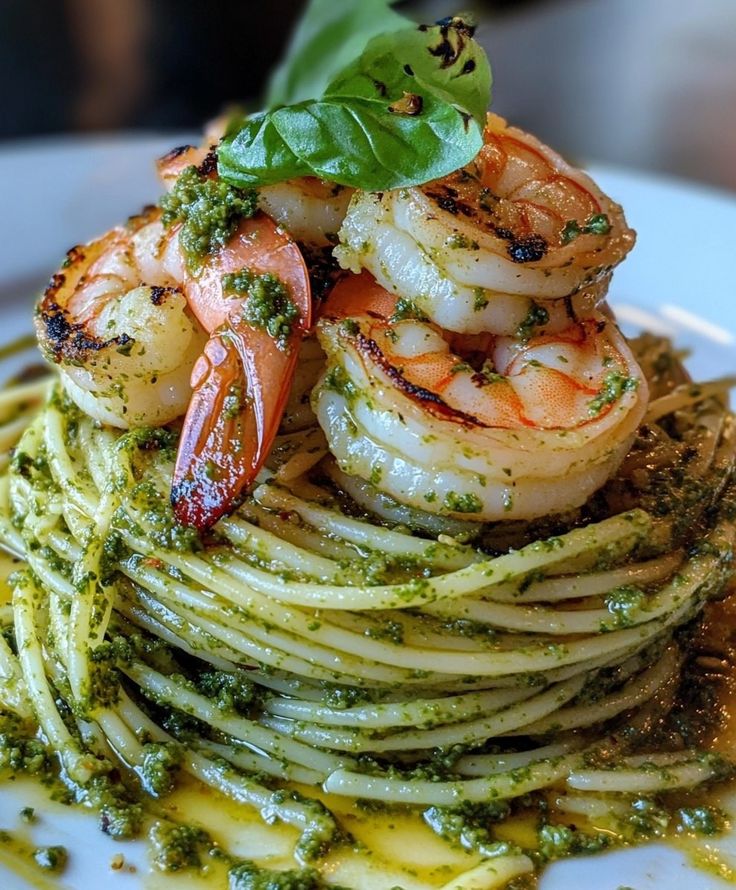 Pesto Pasta and Grilled Shrimp Stack