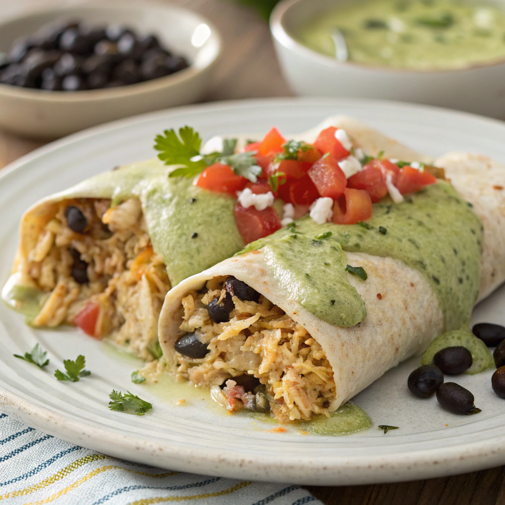 Baked Chicken Burritos with Cheesy Green Chili Sauce