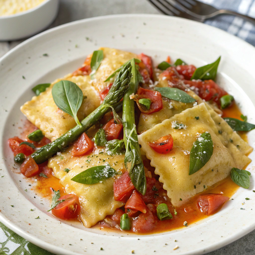 Ravioli with Tomatoes, Asparagus, Garlic, and Herbs