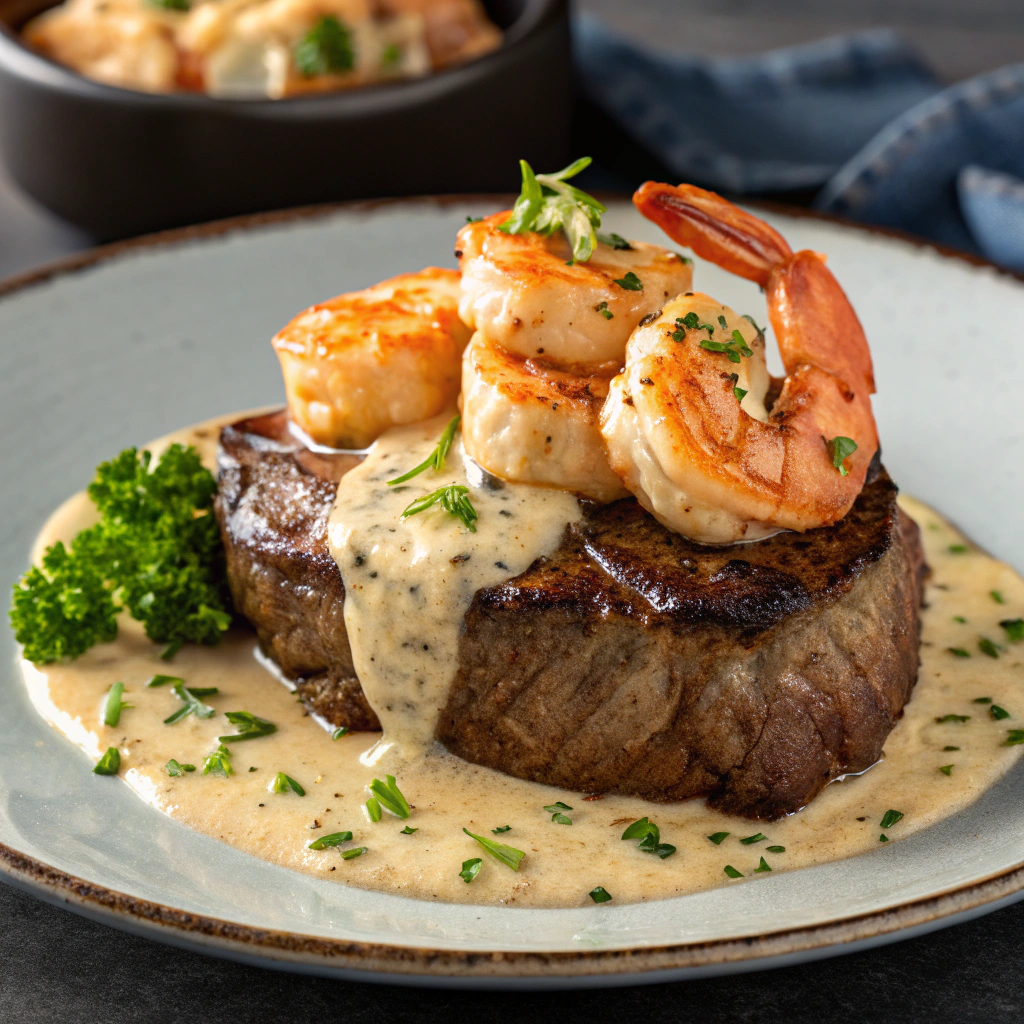 Steak in Creamy Cajun Shrimp Sauce (Surf & Turf)